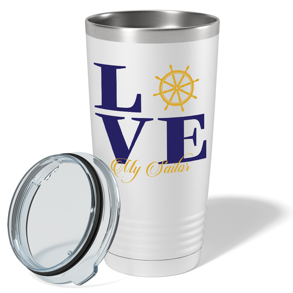 Navy Love on White 20 oz Stainless Steel Tumbler