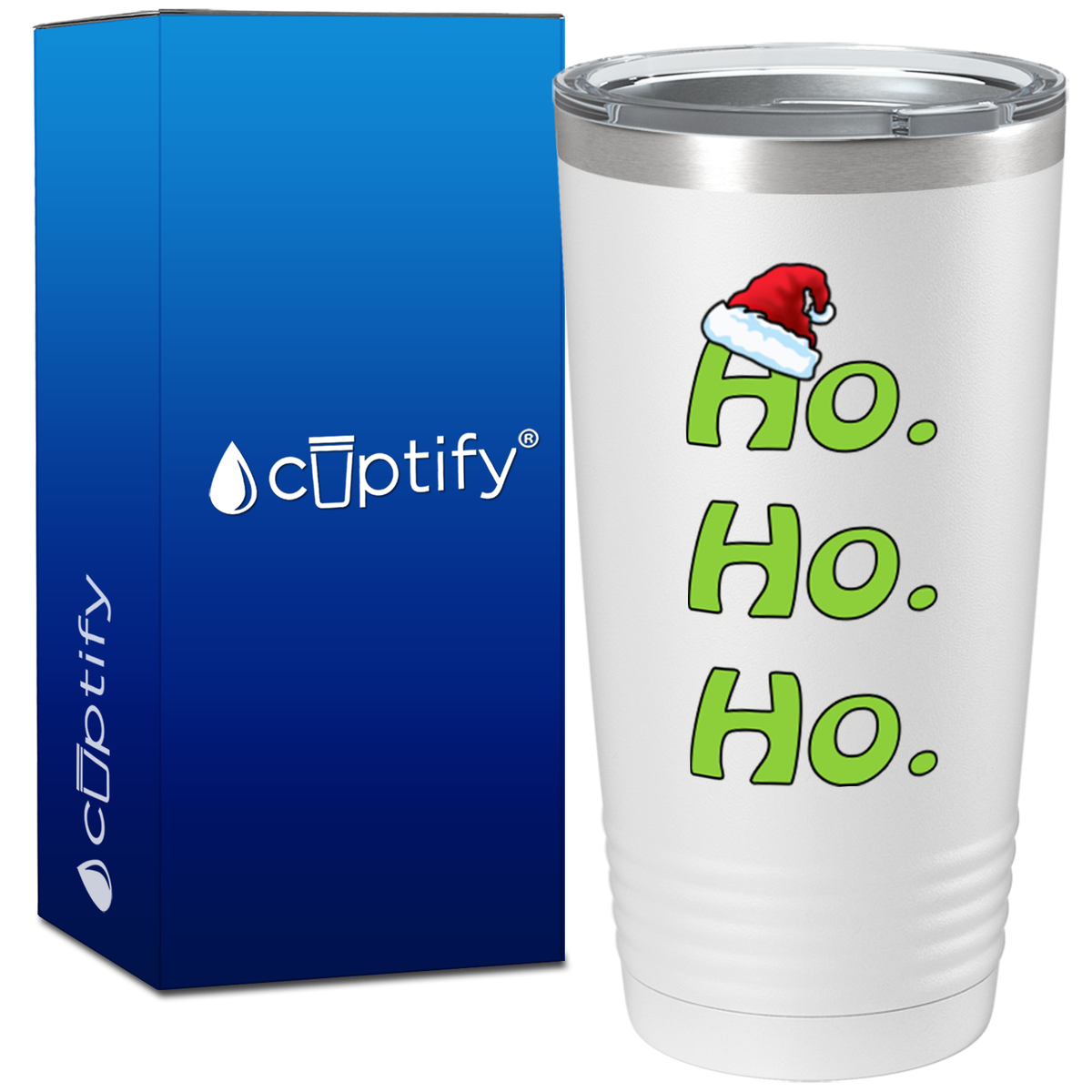 Ho Ho Ho Green with Santa Hat on White Christmas 20oz Tumbler