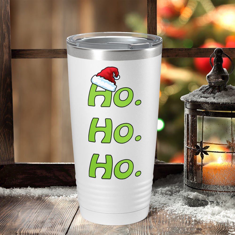 Ho Ho Ho Green with Santa Hat on White Christmas 20oz Tumbler