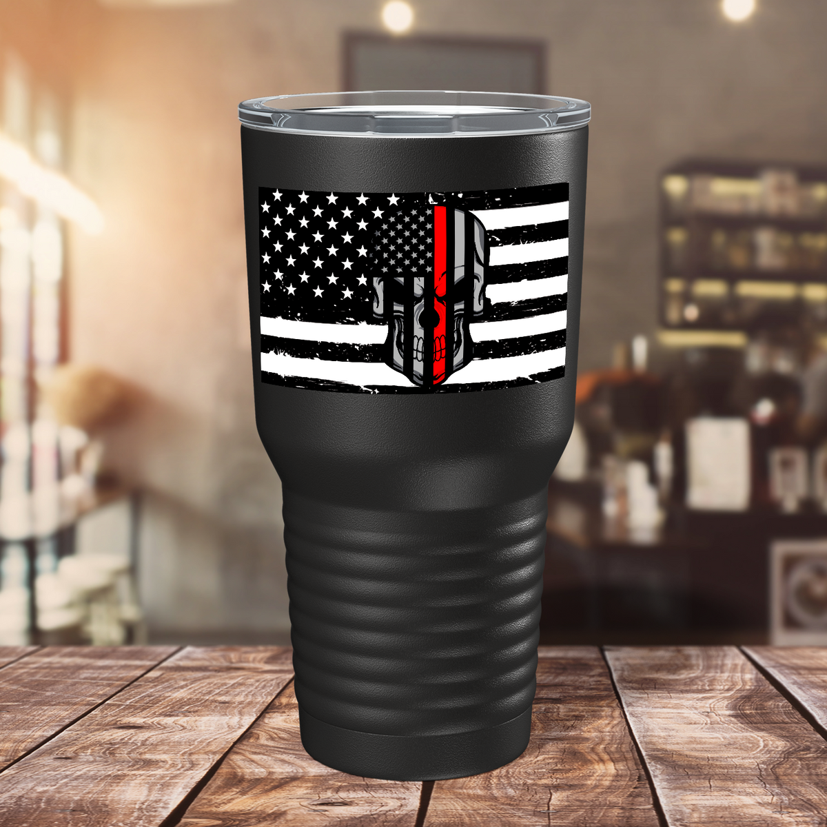 Thin Red Line Flag with Skull on Black 30oz Firefighter Tumbler