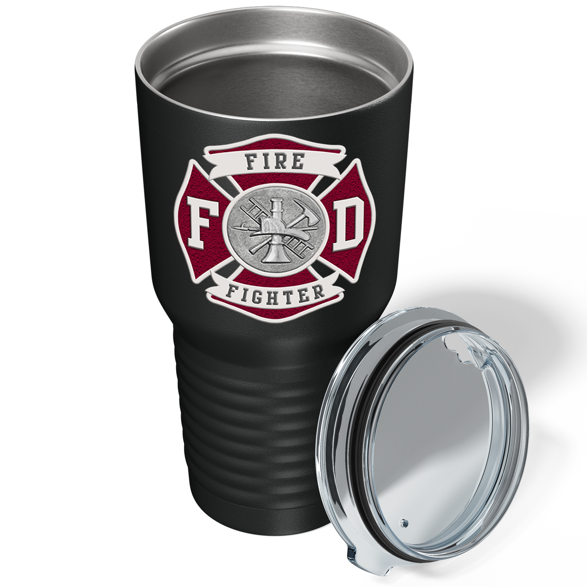 Red Fire Department Badge on Black 30oz Firefighter Tumbler