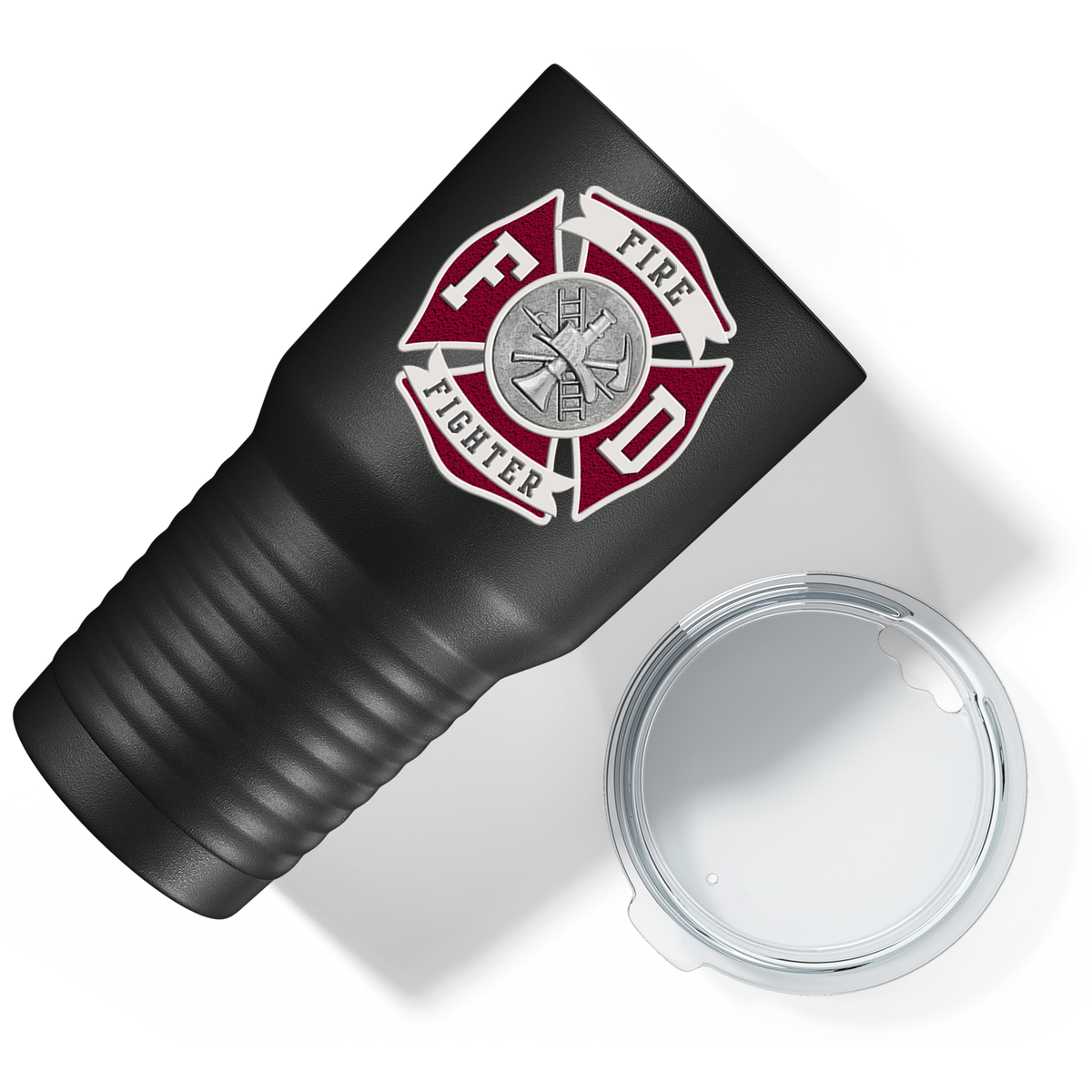 Red Fire Department Badge on Black 30oz Firefighter Tumbler