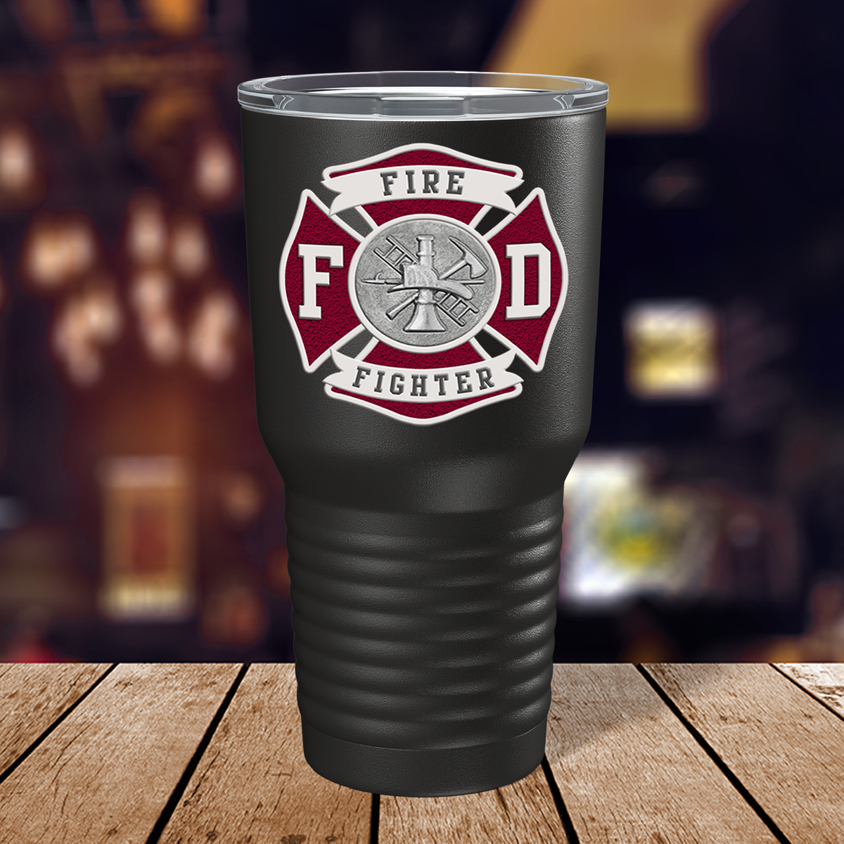 Red Fire Department Badge on Black 30oz Firefighter Tumbler