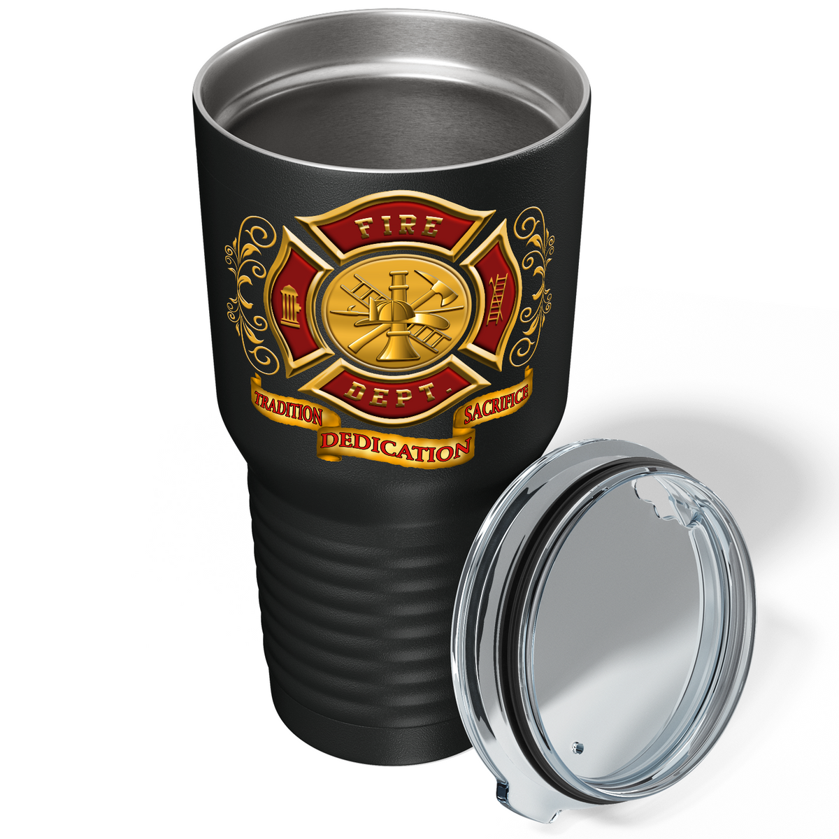 Red Gold Fire Department Badge on Black 30oz Firefighter Tumbler