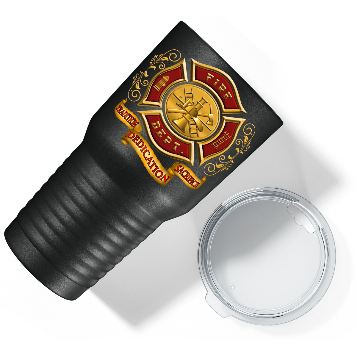 Red Gold Fire Department Badge on Black 30oz Firefighter Tumbler