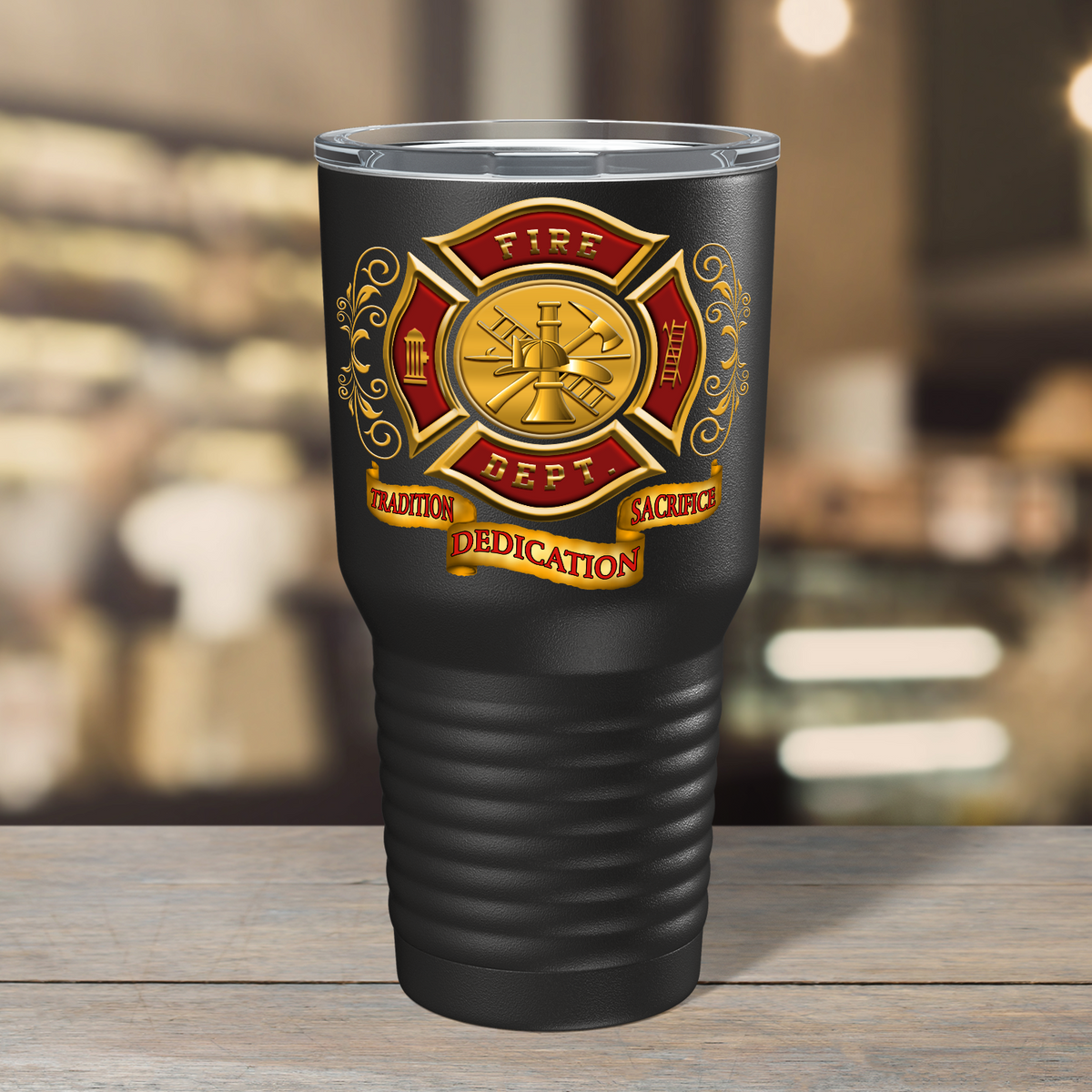 Red Gold Fire Department Badge on Black 30oz Firefighter Tumbler