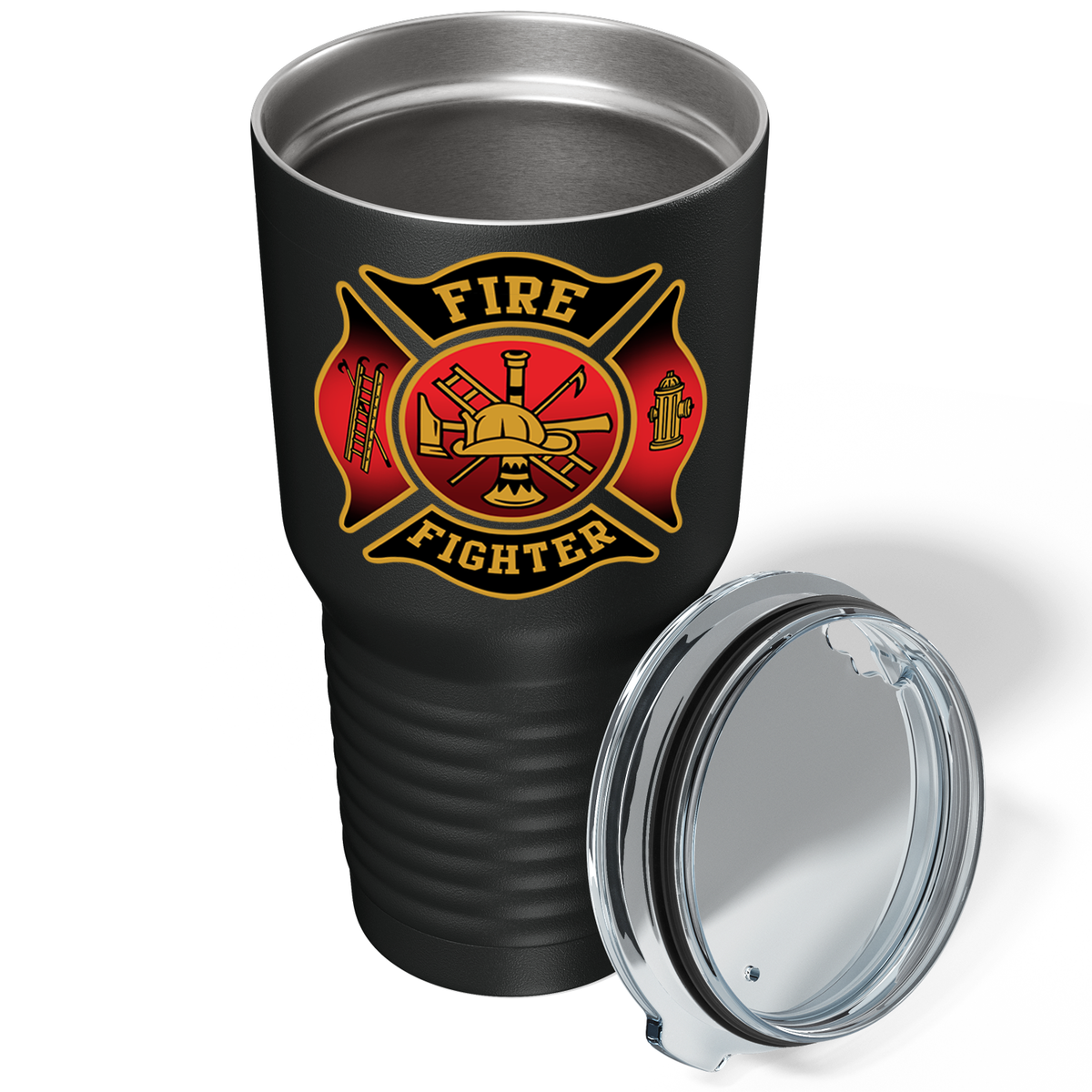 Black Red Fire Department Badge on Black 30oz Firefighter Tumbler