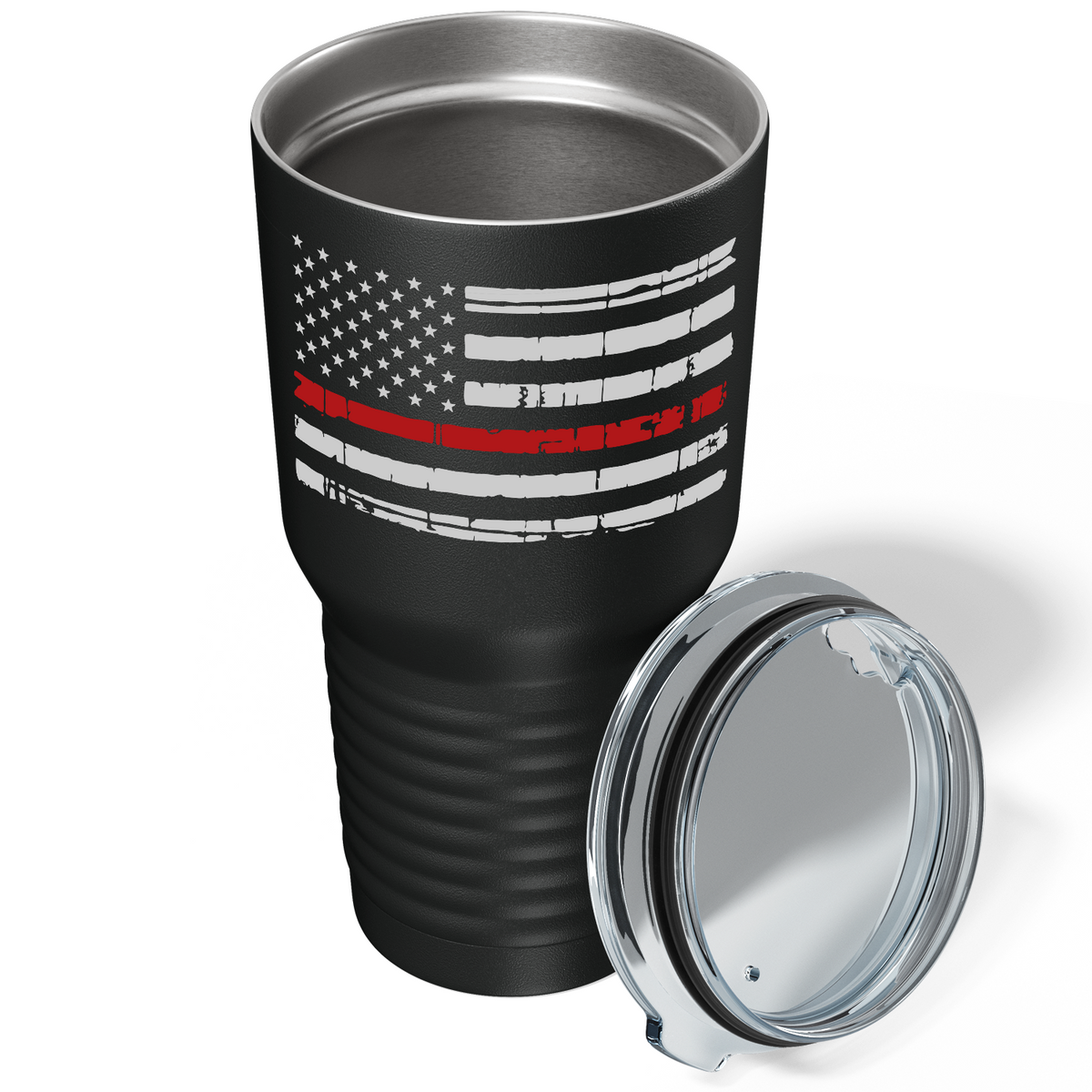 Distressed Thin Red Line Flag on Black 30oz Firefighter Tumbler
