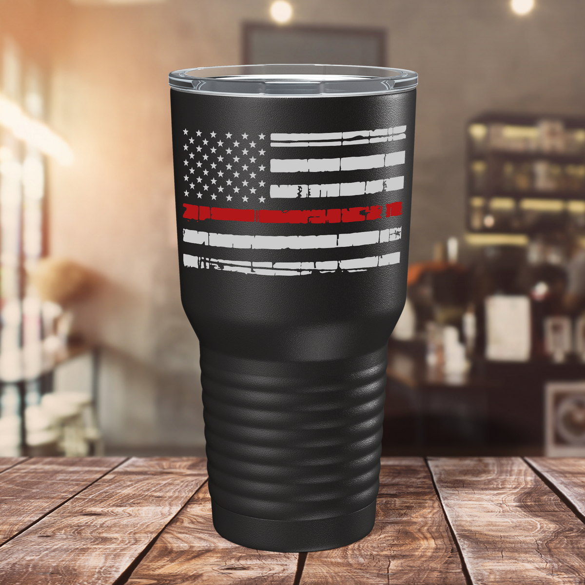 Distressed Thin Red Line Flag on Black 30oz Firefighter Tumbler