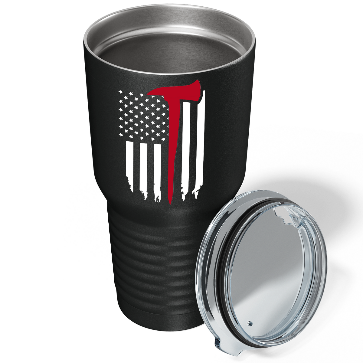 Distressed Thin Red Line Flag with Axe on Black 30oz Firefighter Tumbler