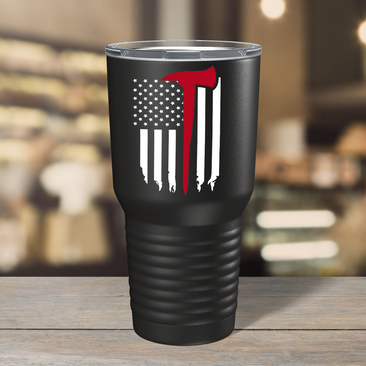 Distressed Thin Red Line Flag with Axe on Black 30oz Firefighter Tumbler