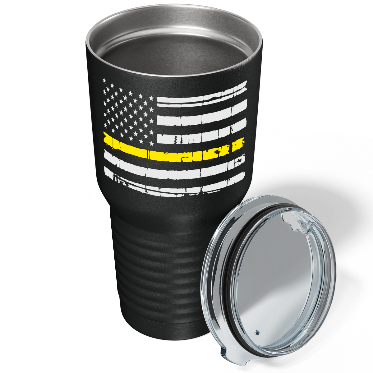 Distressed Dispatcher Thin Gold Line Flag on Black 30oz Dispatcher Tumbler