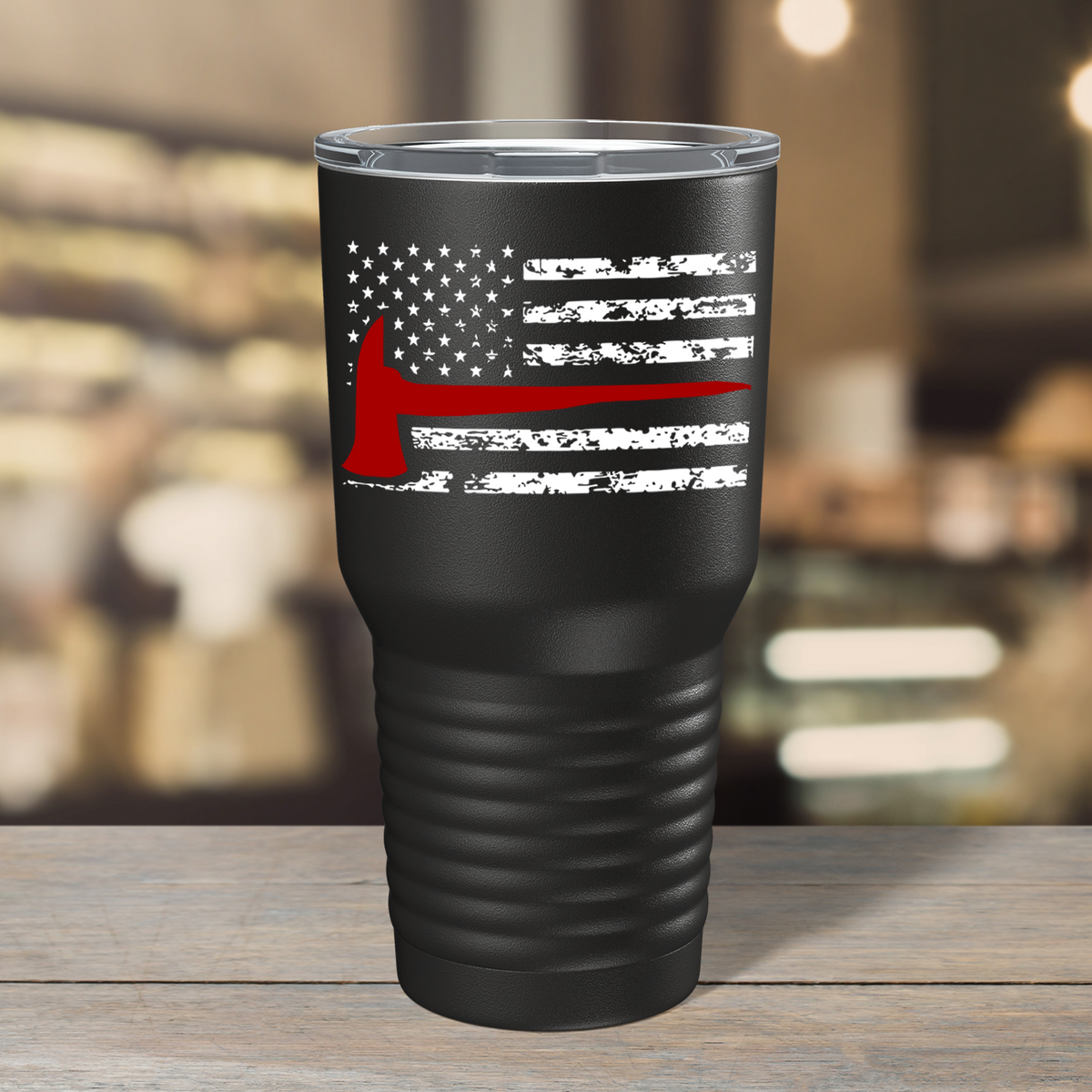 Distressed Thin Red Line Flag with Axe on Black 30 oz Tumbler