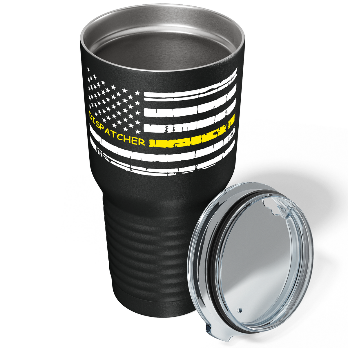 Distressed Dispatcher Thin Gold Line Flag White on Black 30oz Dispatcher Tumbler