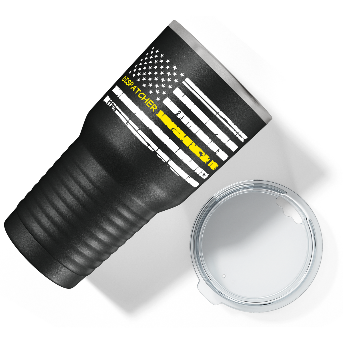 Distressed Dispatcher Thin Gold Line Flag White on Black 30oz Dispatcher Tumbler