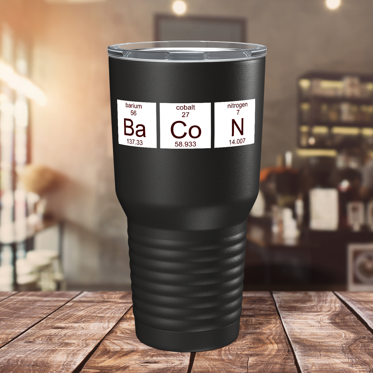 Bacon Periodic Table on Black 30oz Bacon Tumbler