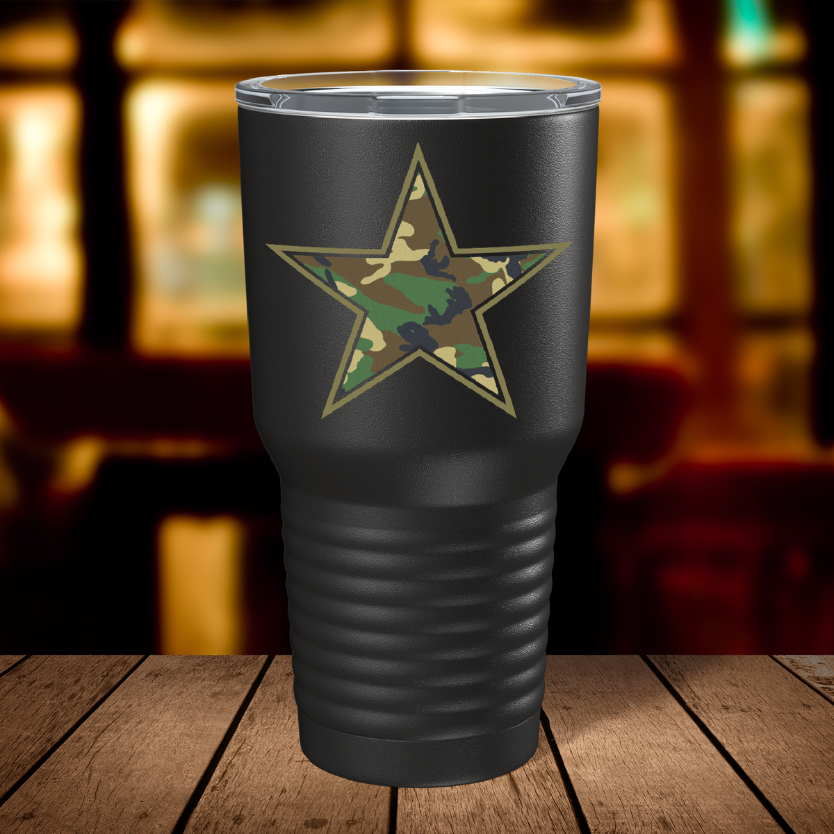 Camo Print Star on Black 30 oz Stainless Steel Tumbler