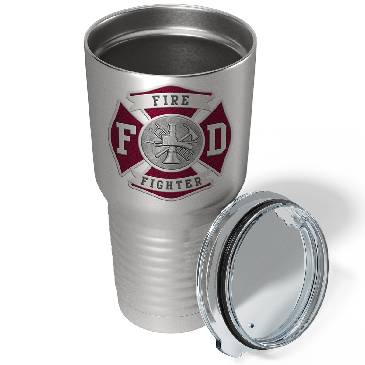 Red Fire Department Badge on Stainless 30oz Firefighter Tumbler