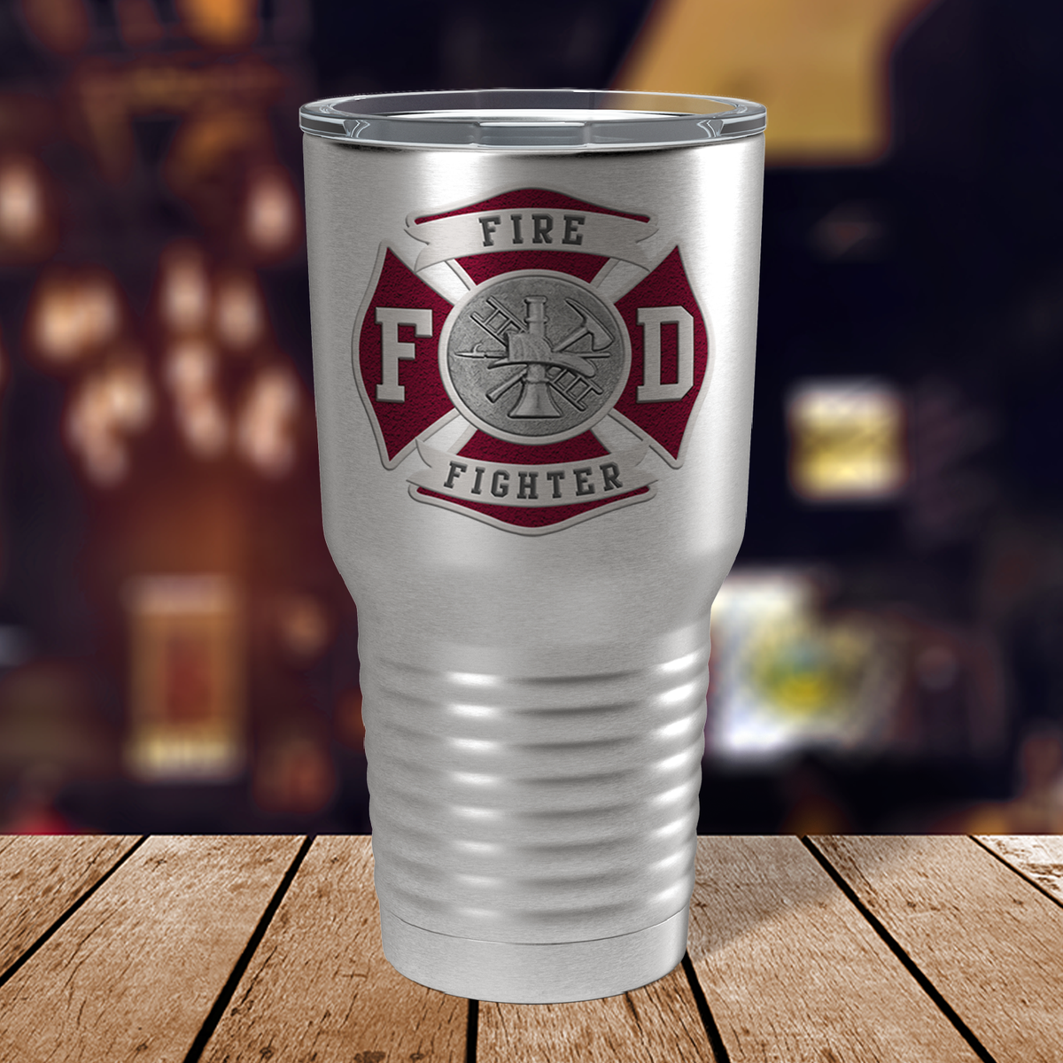 Red Fire Department Badge on Stainless 30oz Firefighter Tumbler