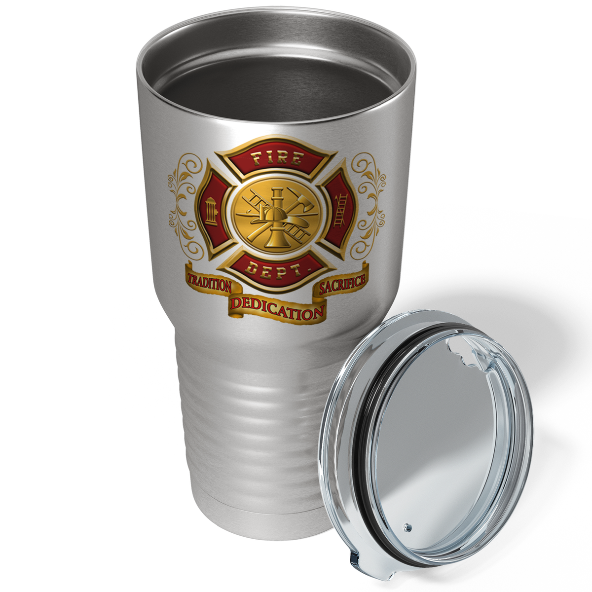 Red and Gold Fire Department Badge on Stainless 30oz Firefighter Tumbler