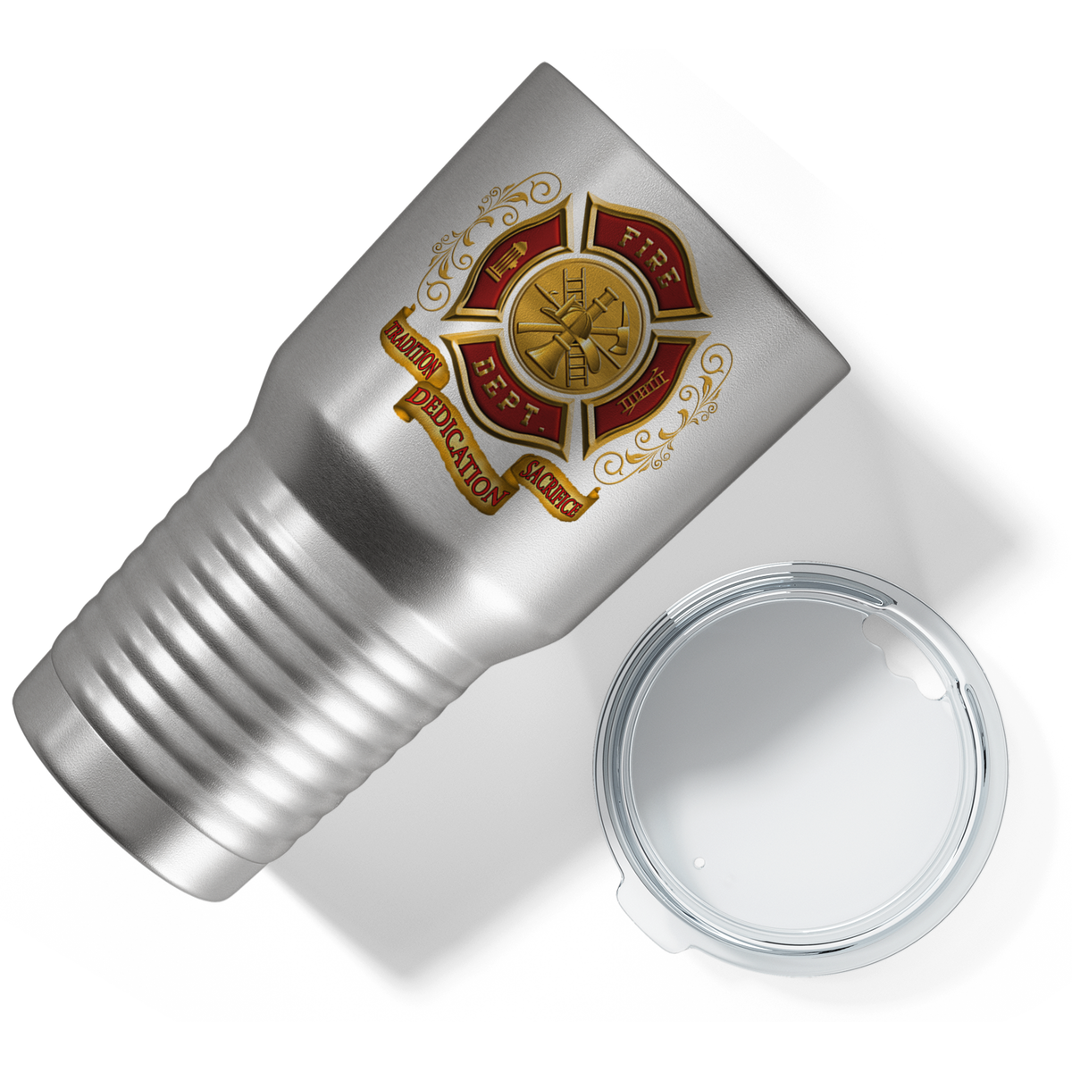 Red and Gold Fire Department Badge on Stainless 30oz Firefighter Tumbler