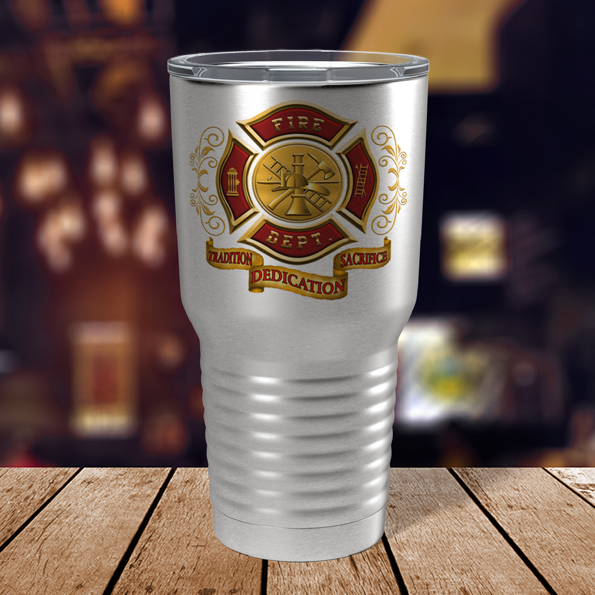 Red and Gold Fire Department Badge on Stainless 30oz Firefighter Tumbler