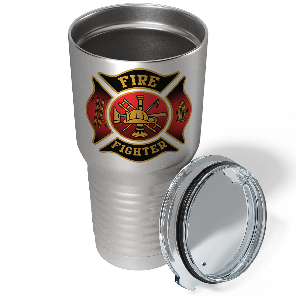 Red and Black Fire Department Badge on Stainless 30oz Firefighter Tumbler