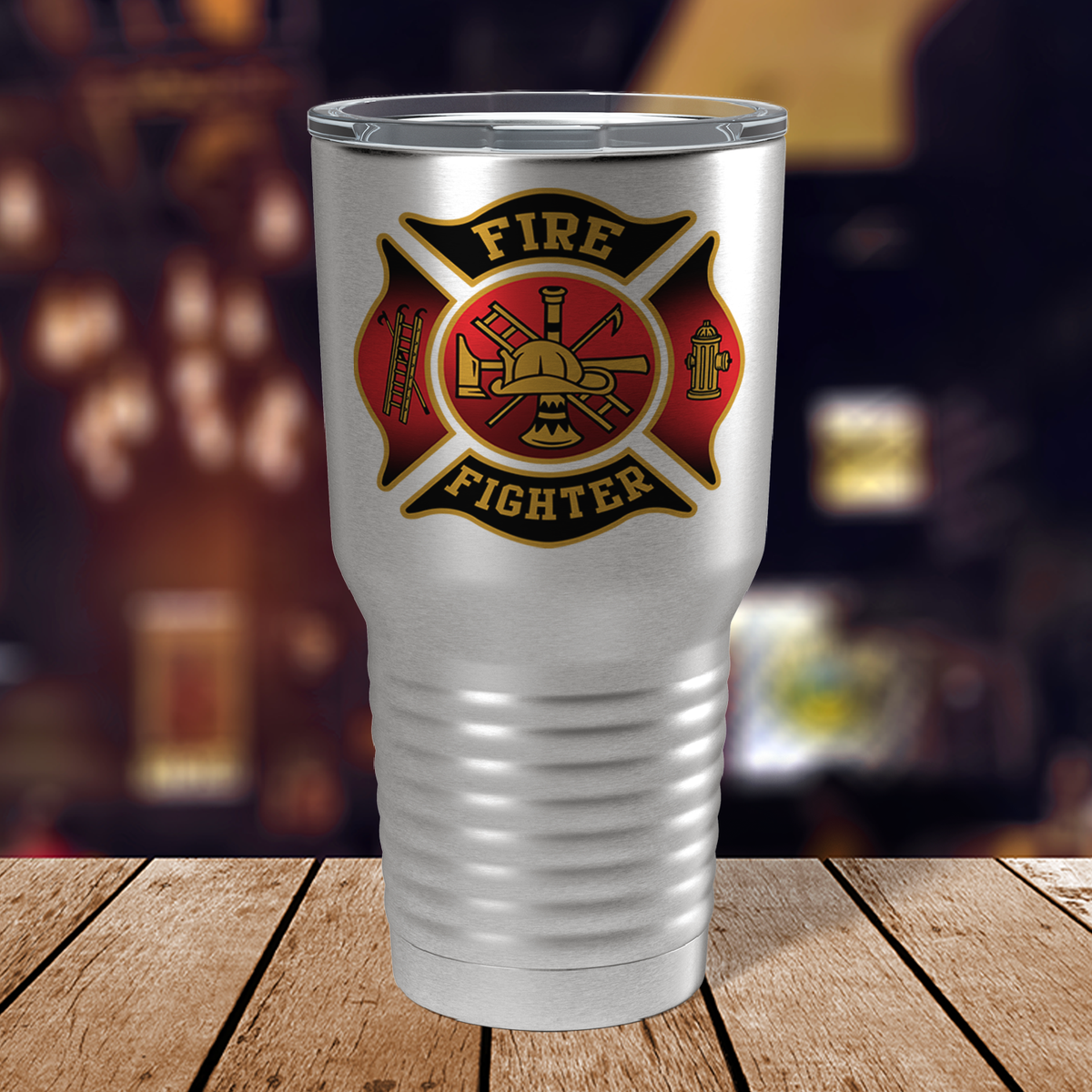 Red and Black Fire Department Badge on Stainless 30oz Firefighter Tumbler