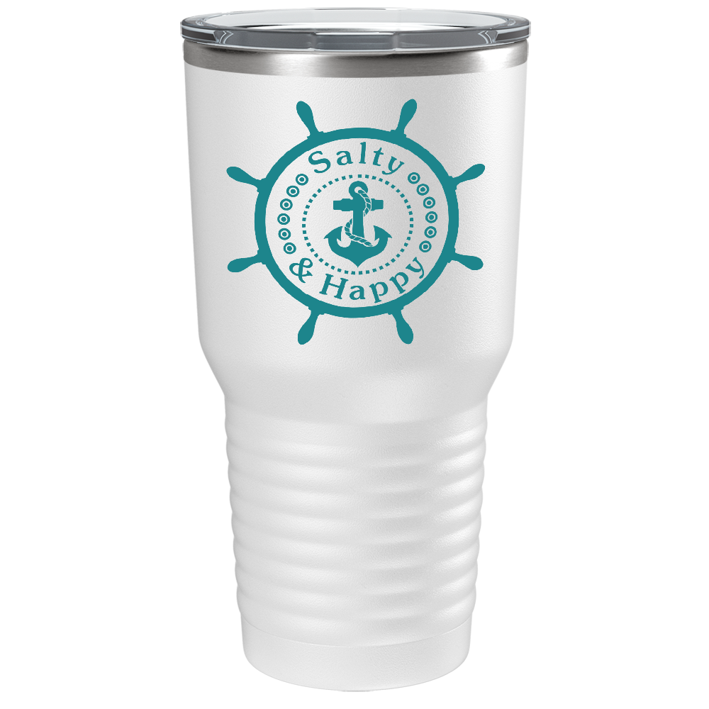 Salty & Happy Cruise Boat on White 30 oz Stainless Steel Tumbler