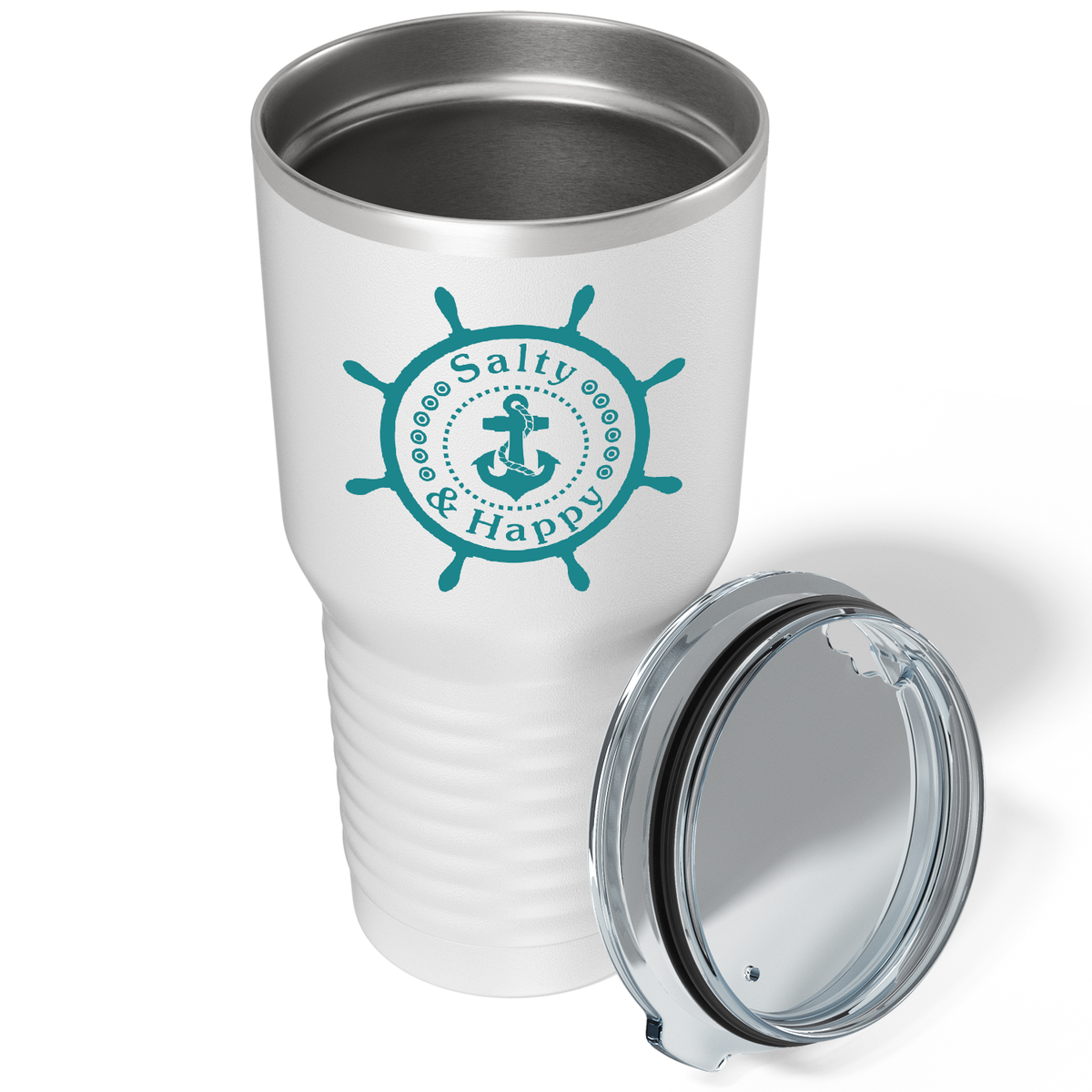 Salty & Happy Cruise Boat on White 30 oz Stainless Steel Tumbler