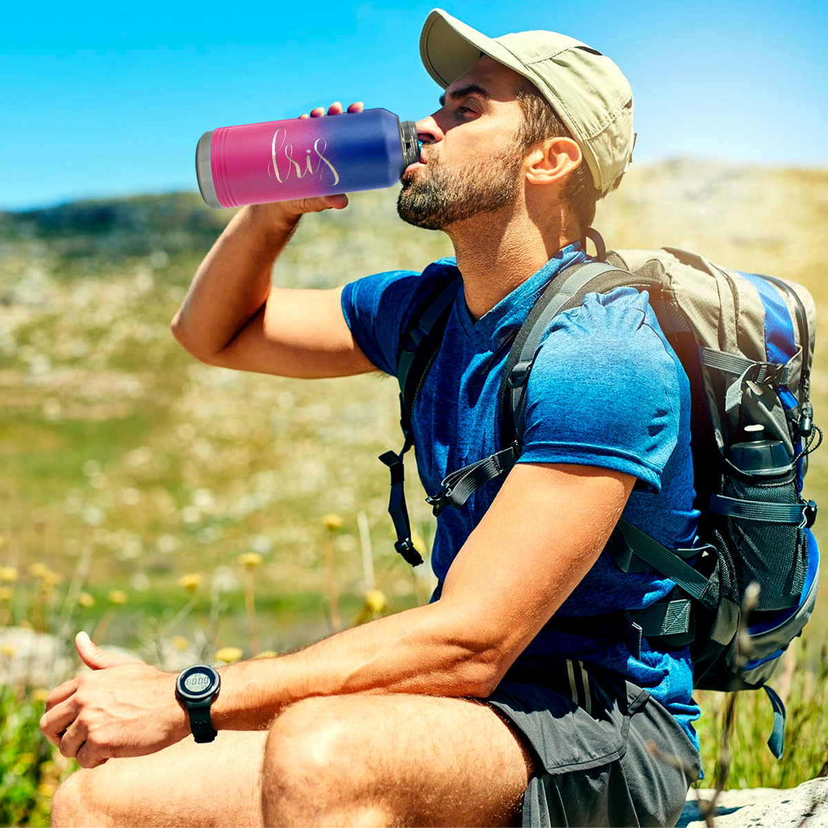 Cuptify Personalized Laser Engraved on Blue Pink Ombre Sports Bottle