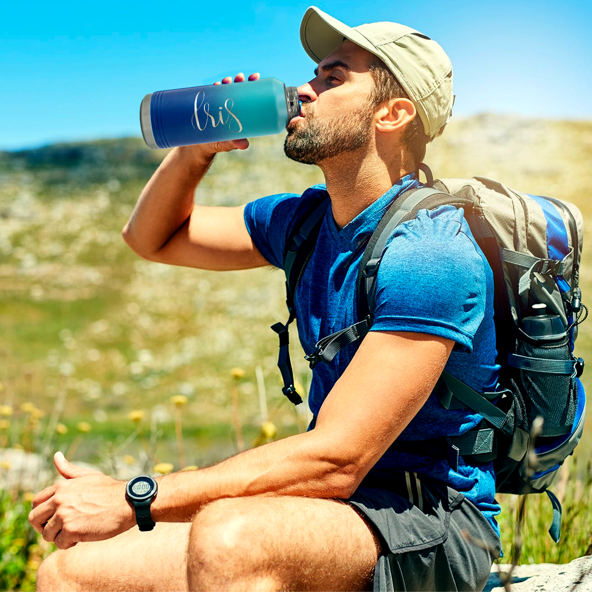 Cuptify Personalized Laser Engraved on Cyan Blue Ombre Sports Bottle