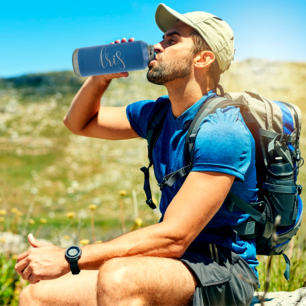 Cuptify Personalized Laser Engraved on Blue Sports Bottle