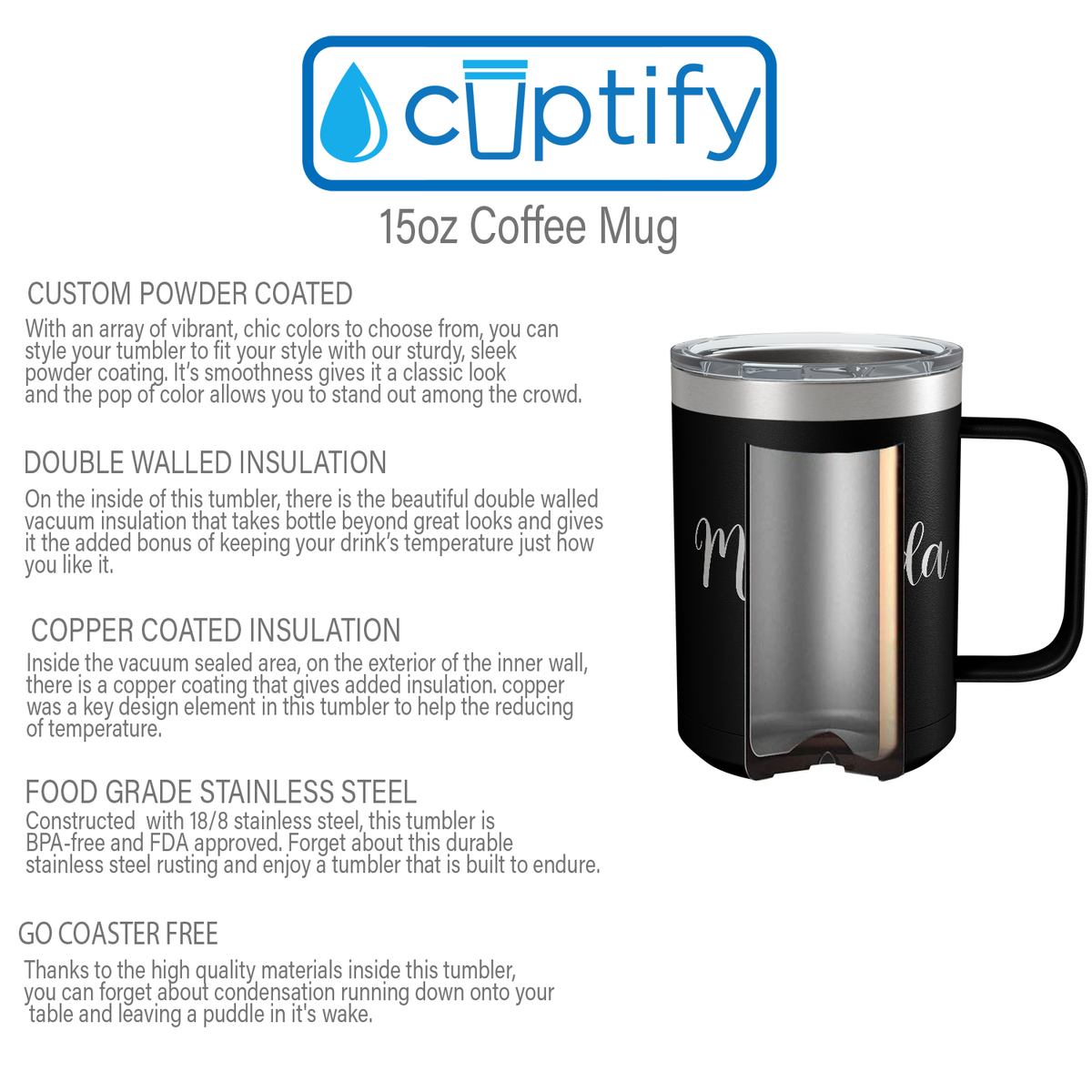 Cuptify Personalized Engraved 15 oz Stainless Steel Coffee Mug - Black