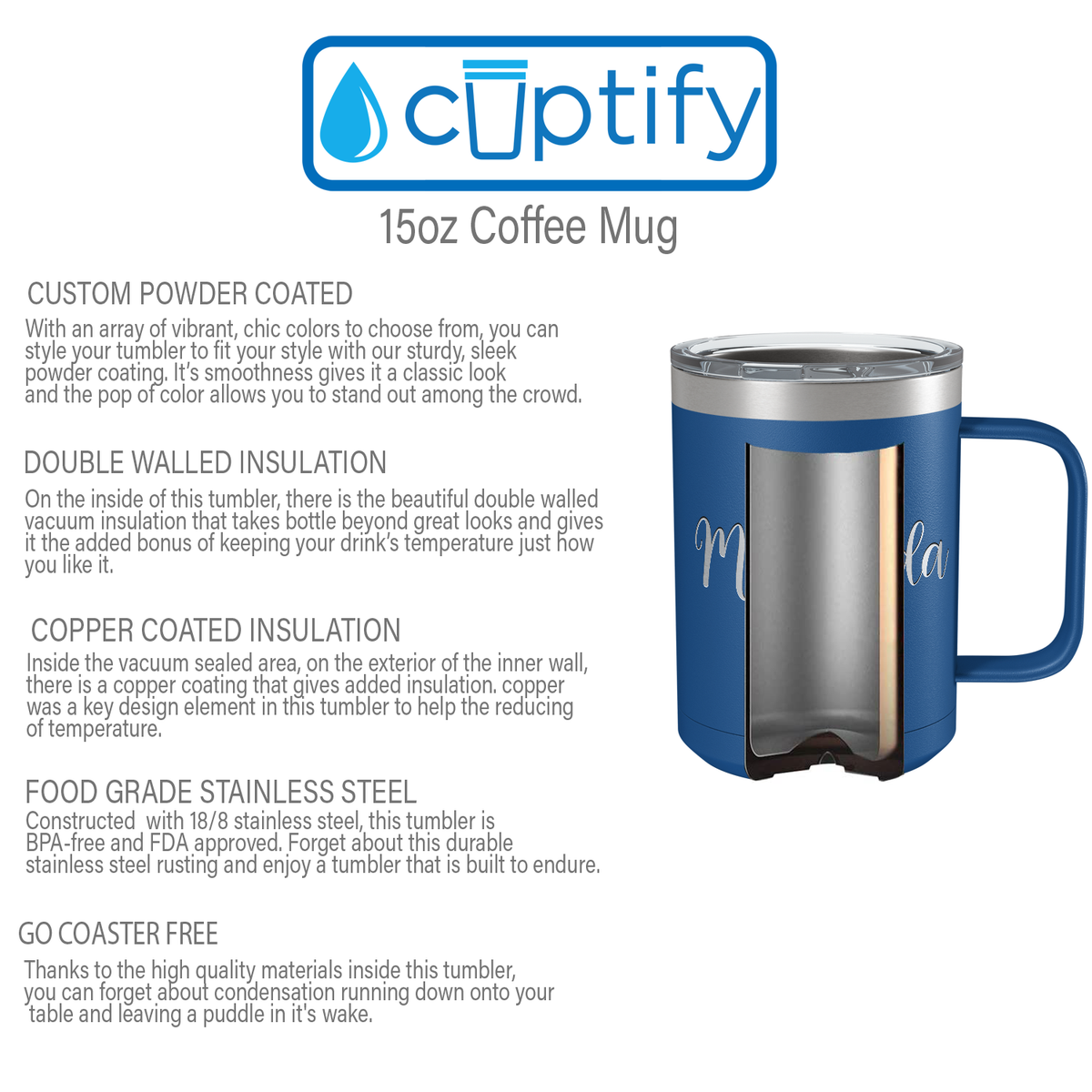 Cuptify Personalized Engraved 15 oz Stainless Steel Coffee Mug - Blue