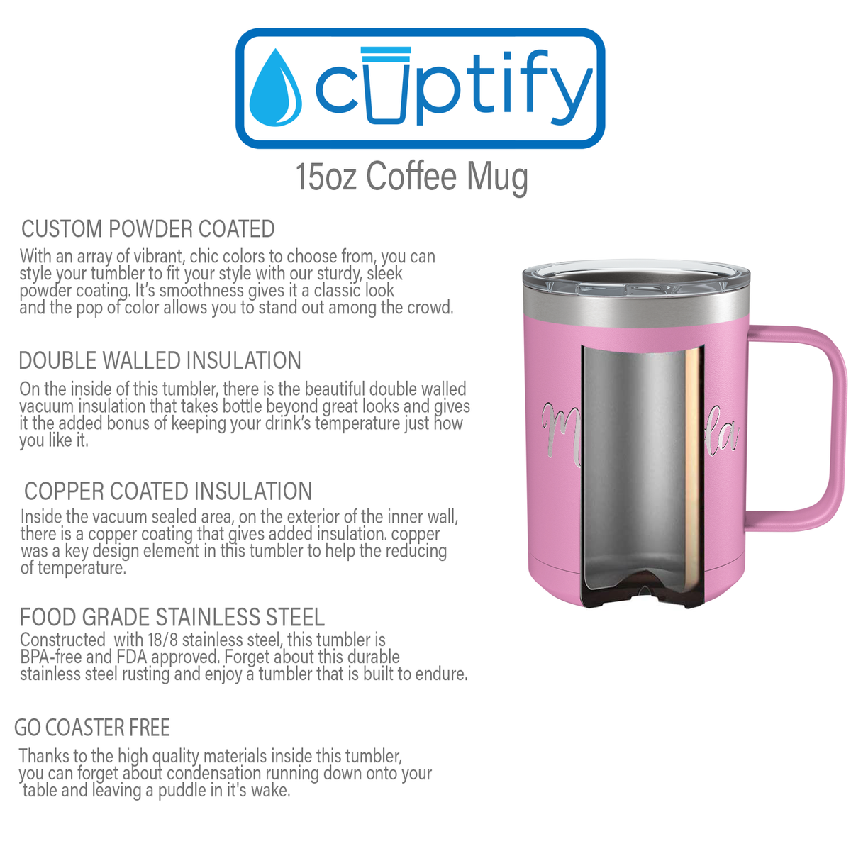 Cuptify Personalized Engraved 15 oz Stainless Steel Coffee Mug - Blush