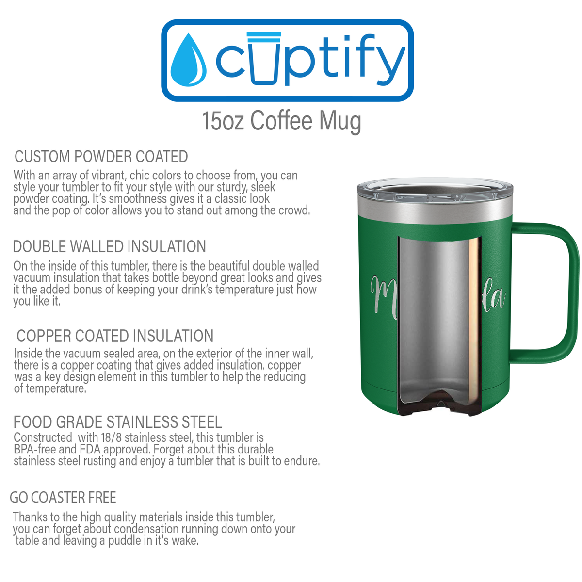Cuptify Personalized Engraved 15 oz Stainless Steel Coffee Mug - Green