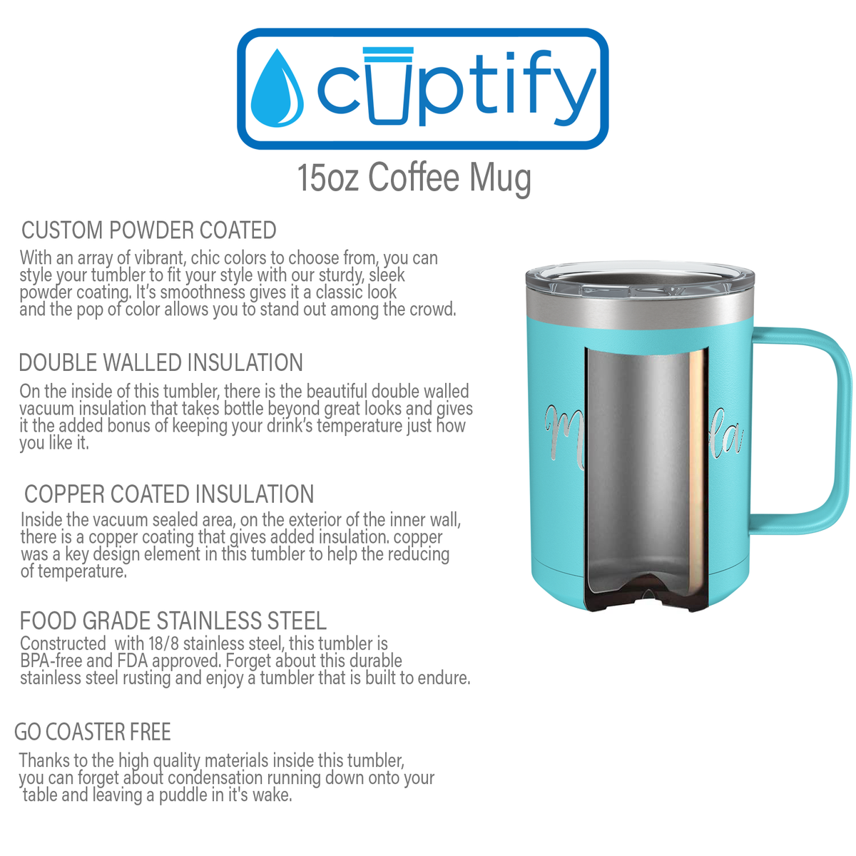 Cuptify Personalized Engraved 15 oz Stainless Steel Coffee Mug - Lite Blue
