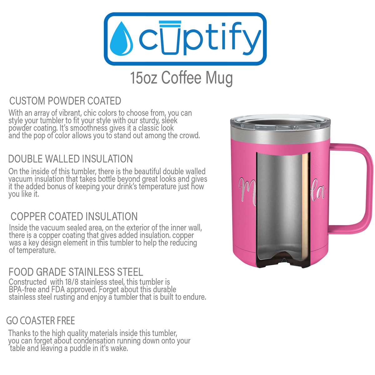 Cuptify Personalized Engraved 15 oz Stainless Steel Coffee Mug - Pink