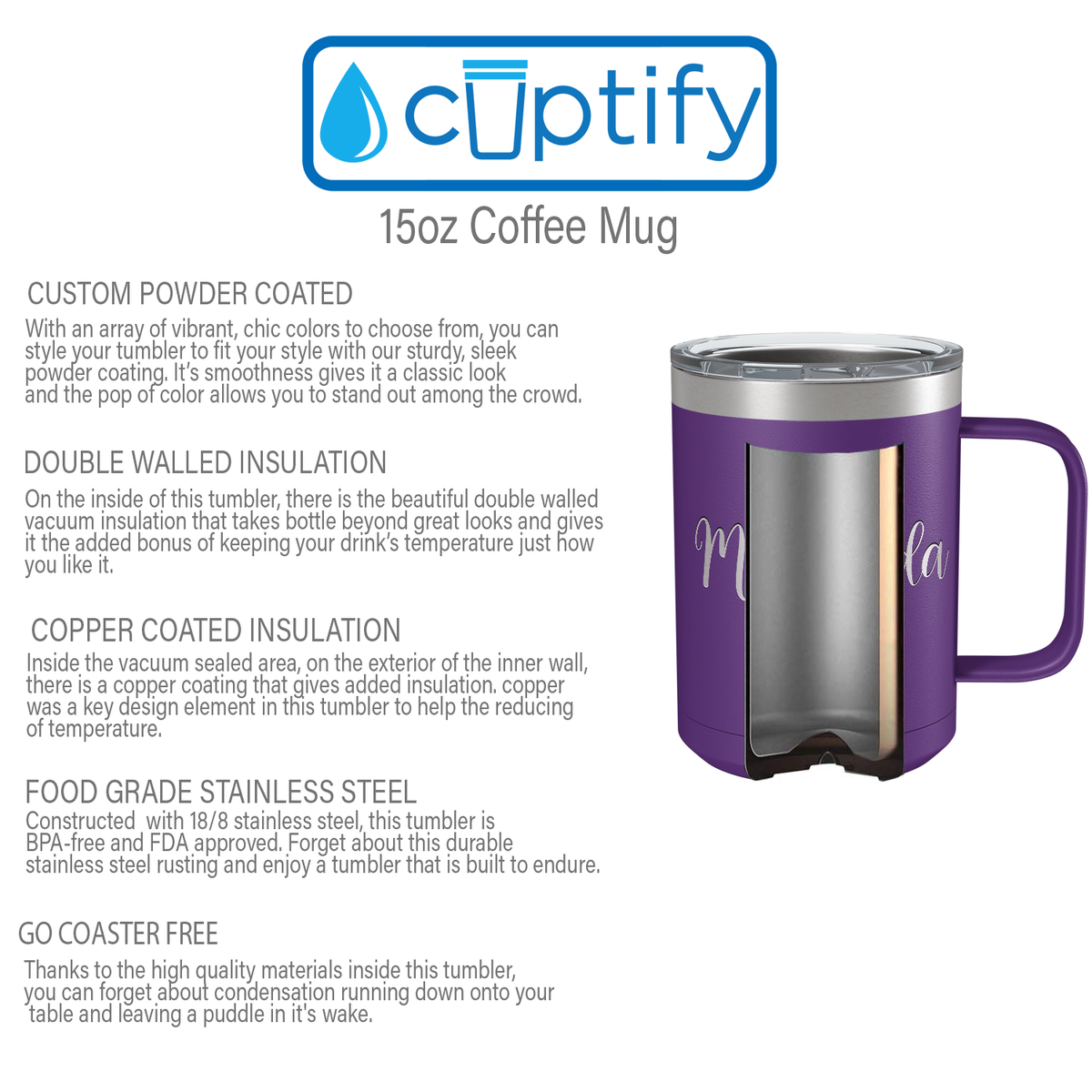 Cuptify Personalized Engraved 15 oz Stainless Steel Coffee Mug - Purple