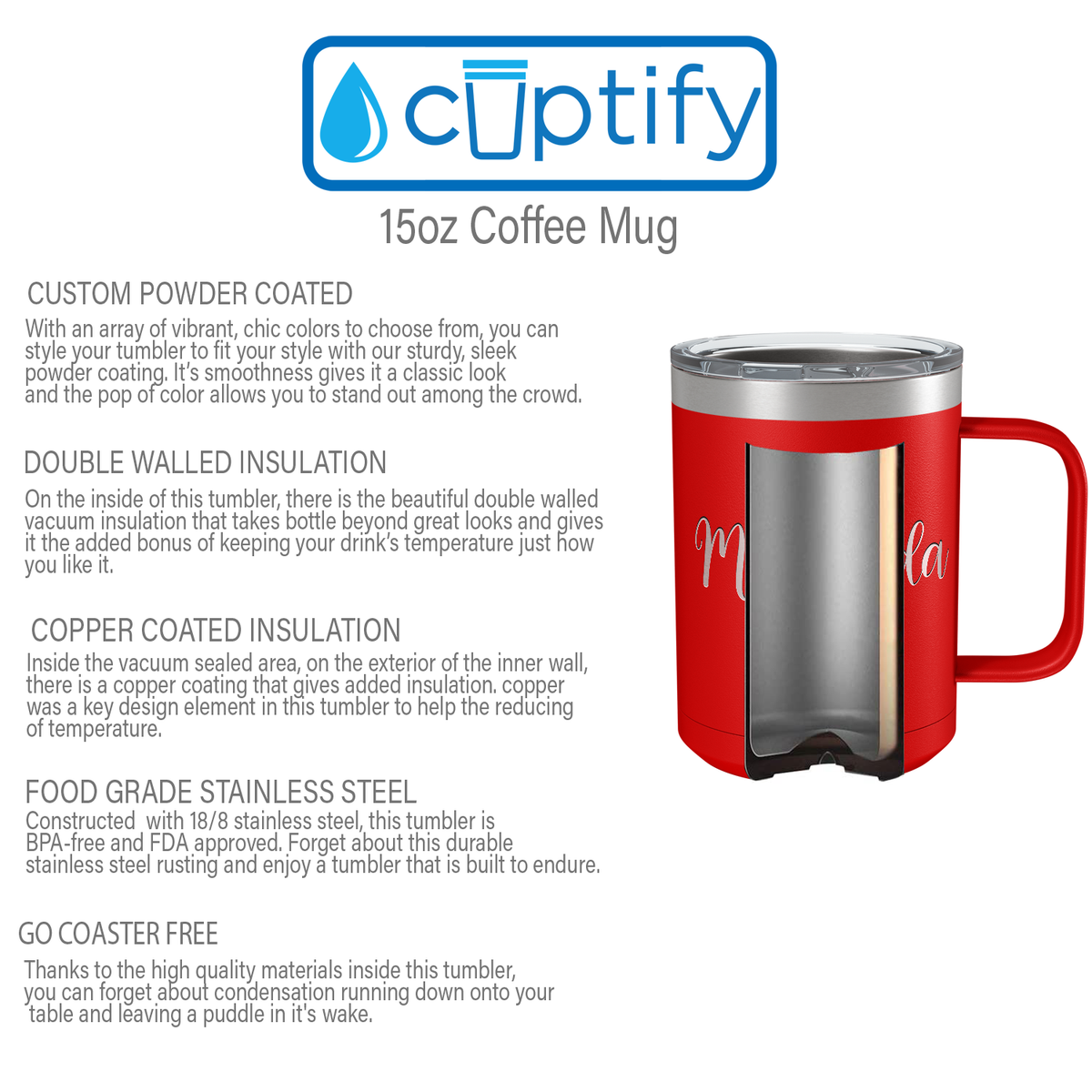 Cuptify Personalized Engraved 15 oz Stainless Steel Coffee Mug - Red