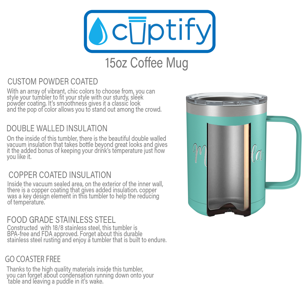 Cuptify Personalized Engraved 15 oz Stainless Steel Coffee Mug - Seafoam