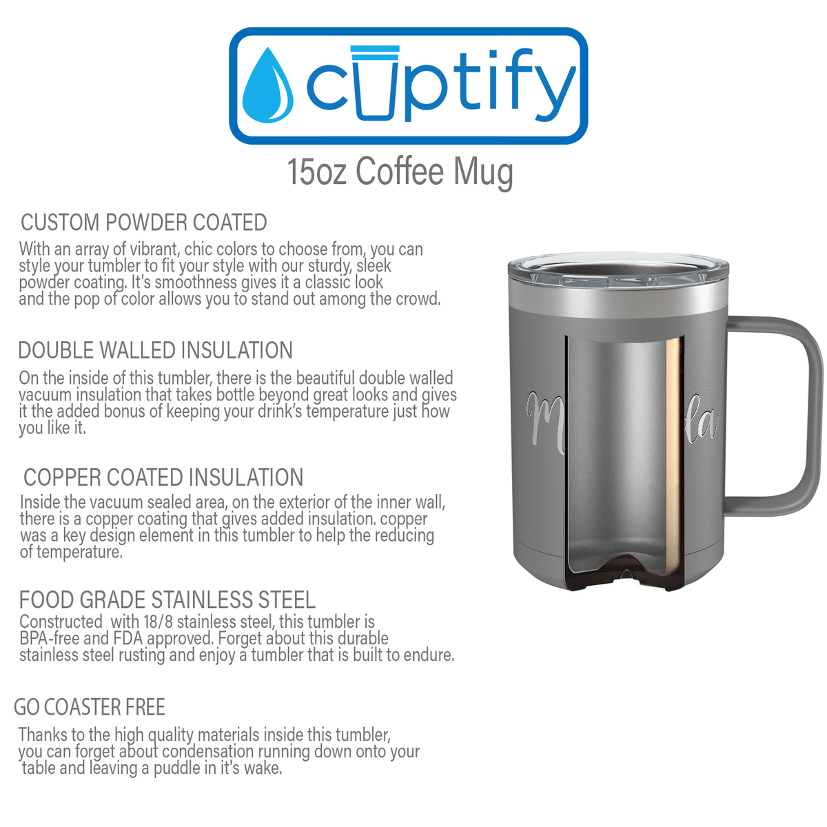 Cuptify Personalized Engraved 15 oz Stainless Steel Coffee Mug - Slate