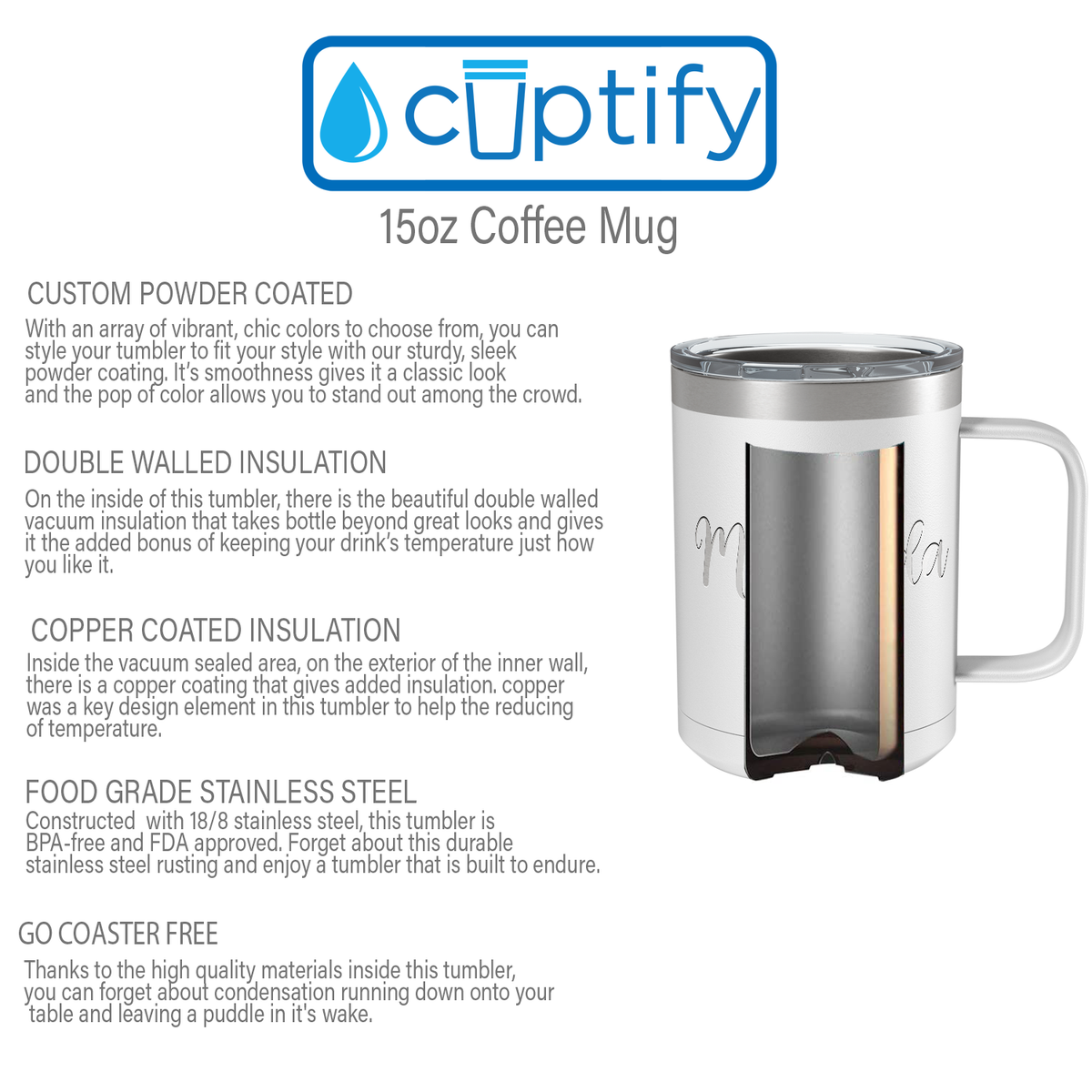 Cuptify Personalized Engraved 15 oz Stainless Steel Coffee Mug - White