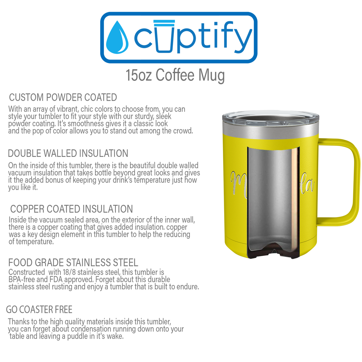Cuptify Personalized Engraved 15 oz Stainless Steel Coffee Mug - Yellow