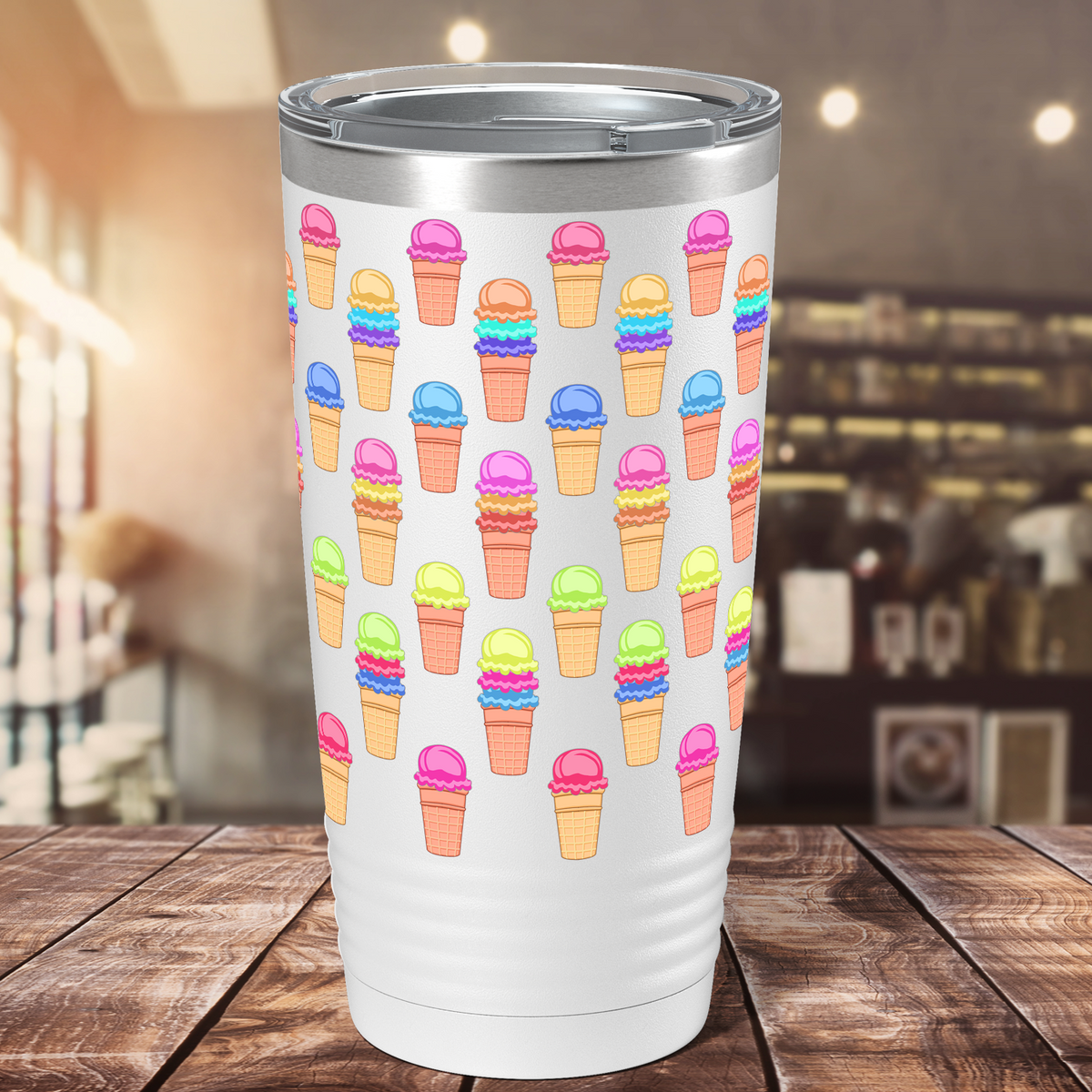 Colorful Ice Cream Cones on White Wrap 20 oz 20oz Tumbler